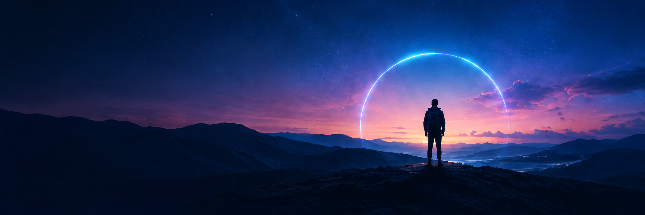 Silhouette looking out over a sunset mountain range