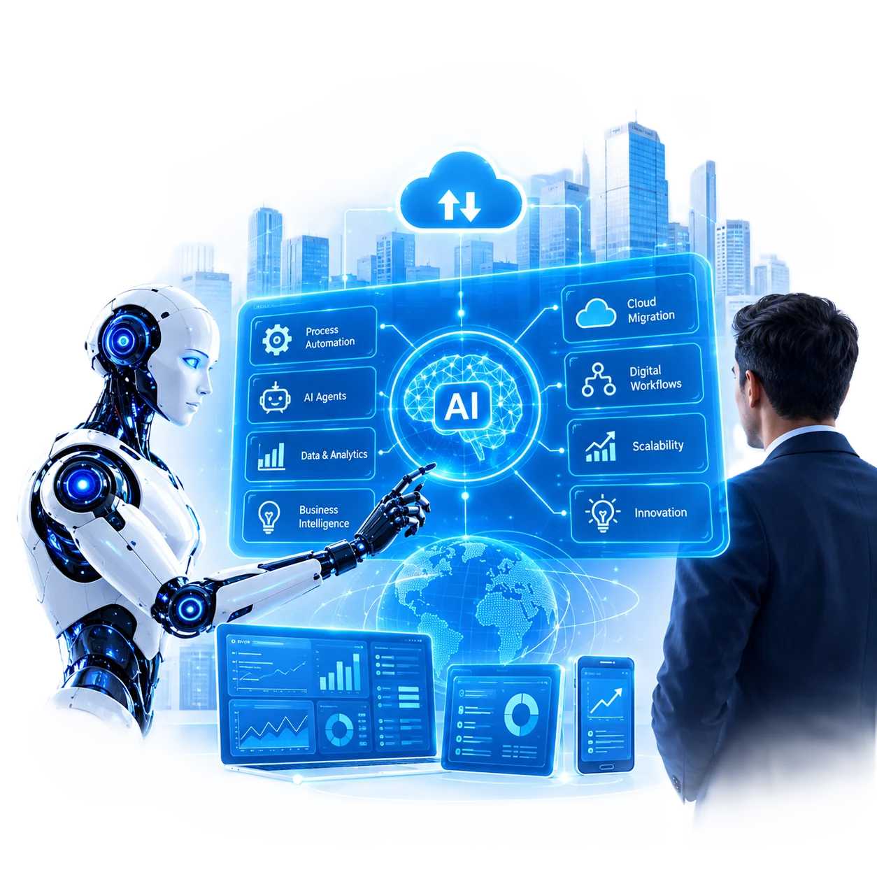 Enterprise digital transformation roadmap with AI strategy and process automation visualization